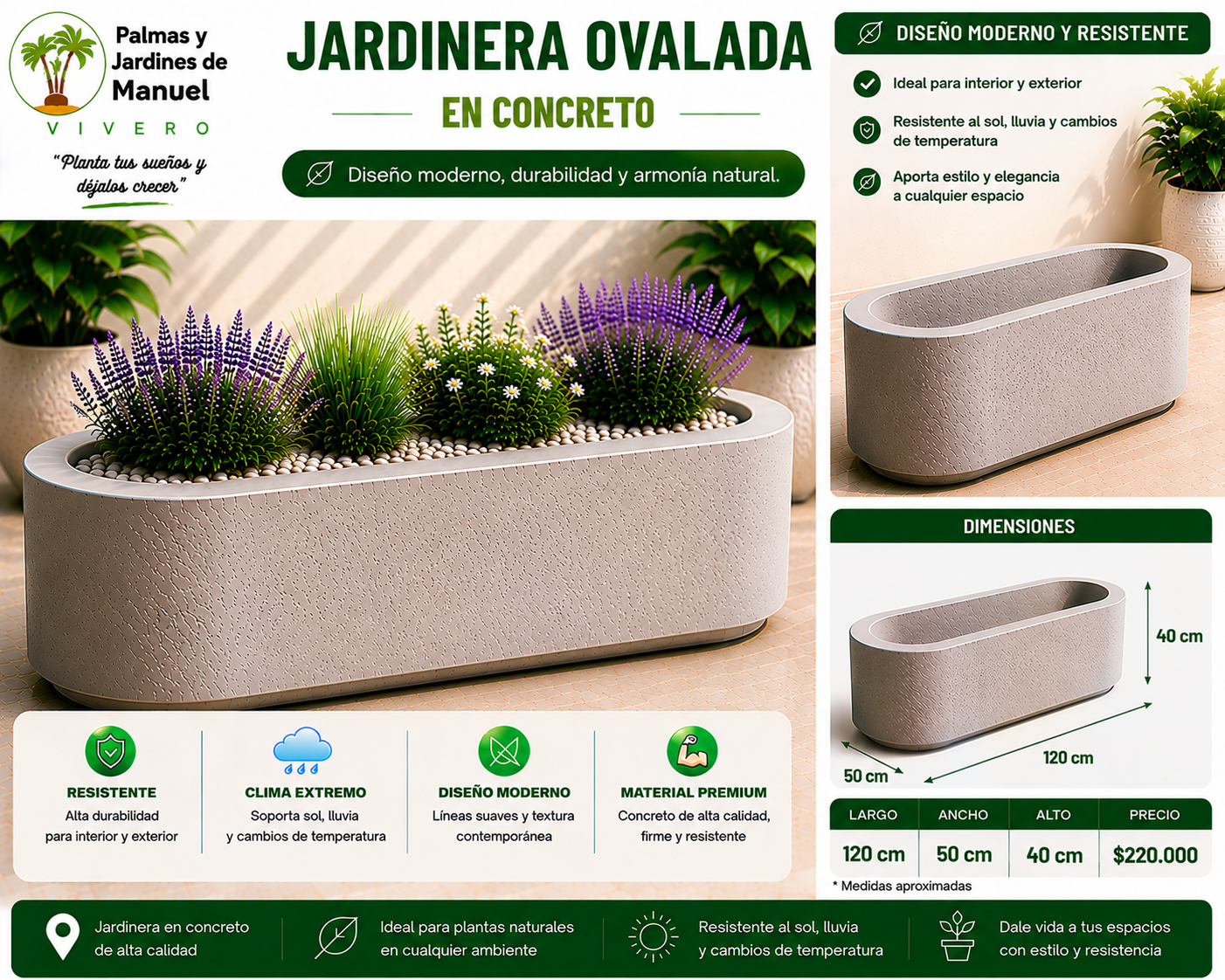 Jardinera Ovalada en Concreto 120x50x40 cm