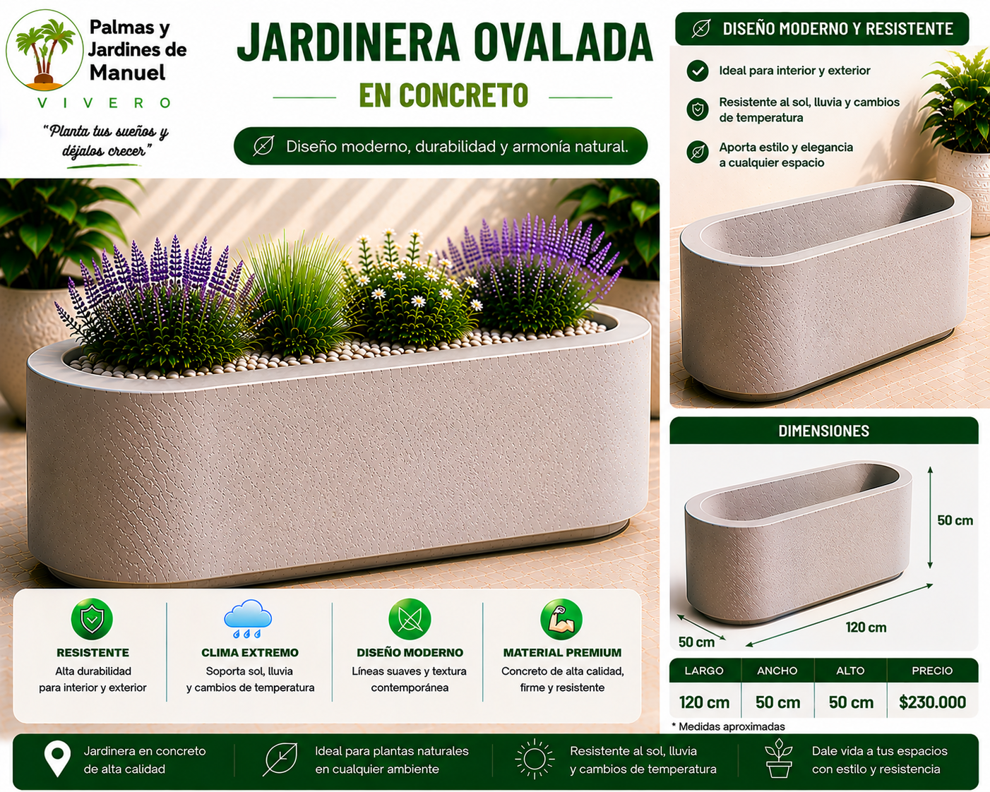 Jardinera Ovalada en Concreto 120x50x50 cm