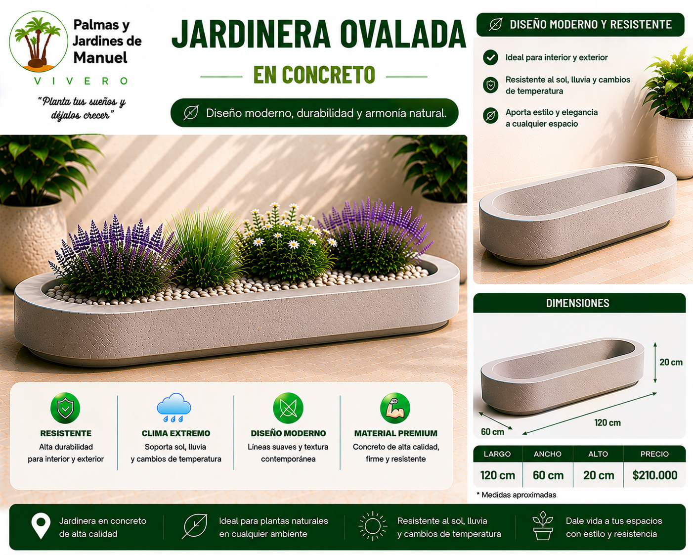Jardinera Ovalada en Concreto 120x60x20 cm