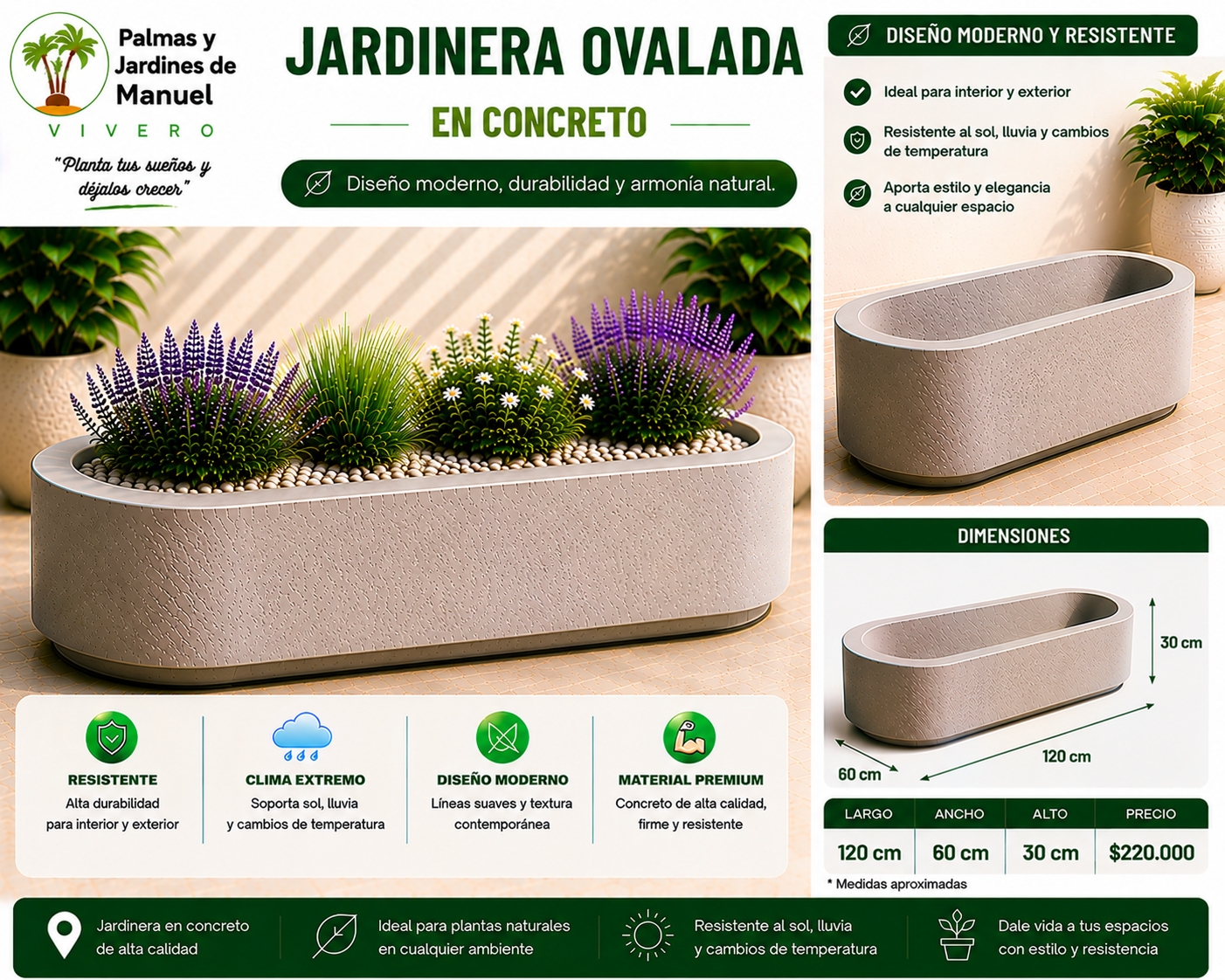 Jardinera Ovalada en Concreto 120x60x30 cm