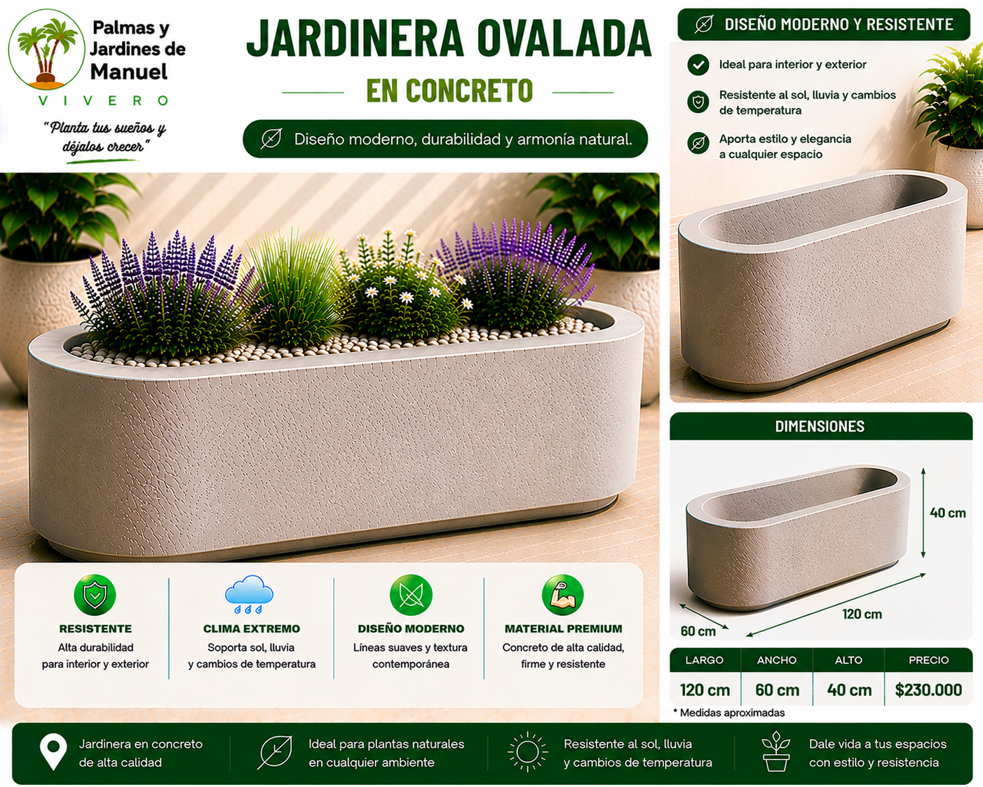 Jardinera Ovalada en Concreto 120x60x40 cm