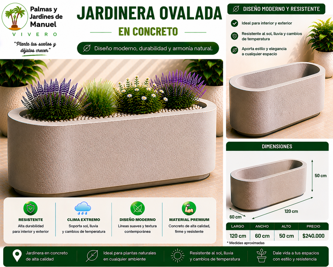 Jardinera Ovalada en Concreto 120x60x50 cm