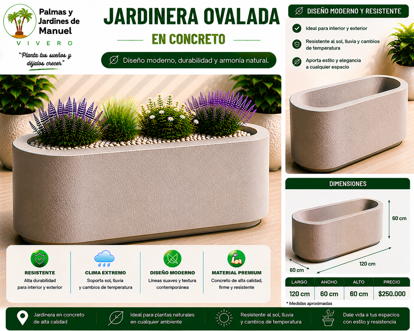 Jardinera Ovalada en Concreto 120x60x60 cm
