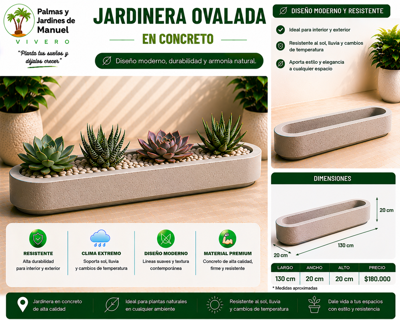 Jardinera Ovalada en Concreto 130x20x20 cm