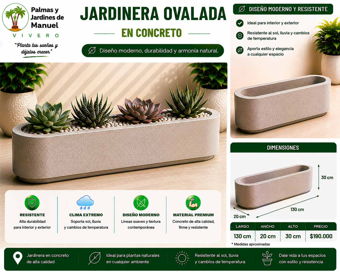 Jardinera Ovalada en Concreto 130x20x30 cm