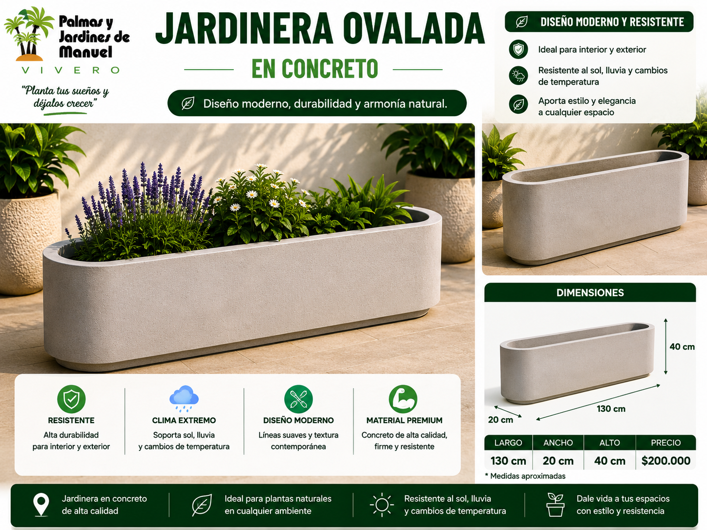 Jardinera Ovalada en Concreto 130x20x40 cm