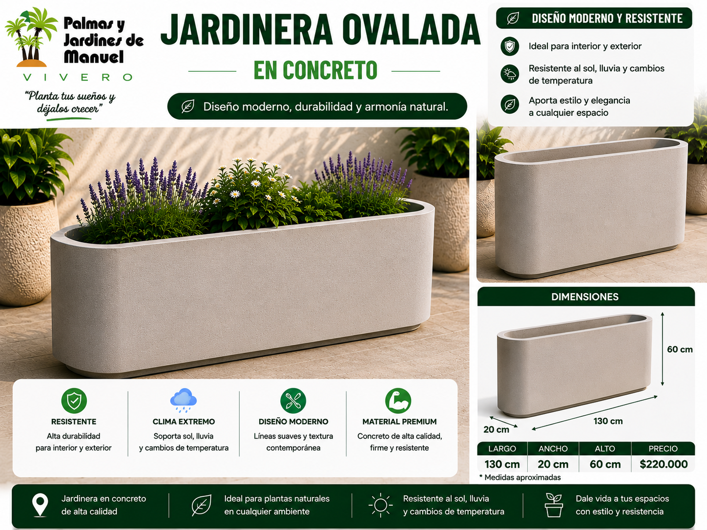 Jardinera Ovalada en Concreto 130x20x60 cm
