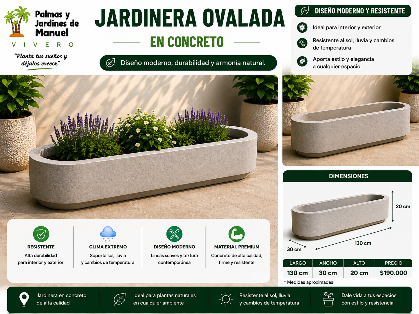 Jardinera Ovalada en Concreto 130x30x20 cm