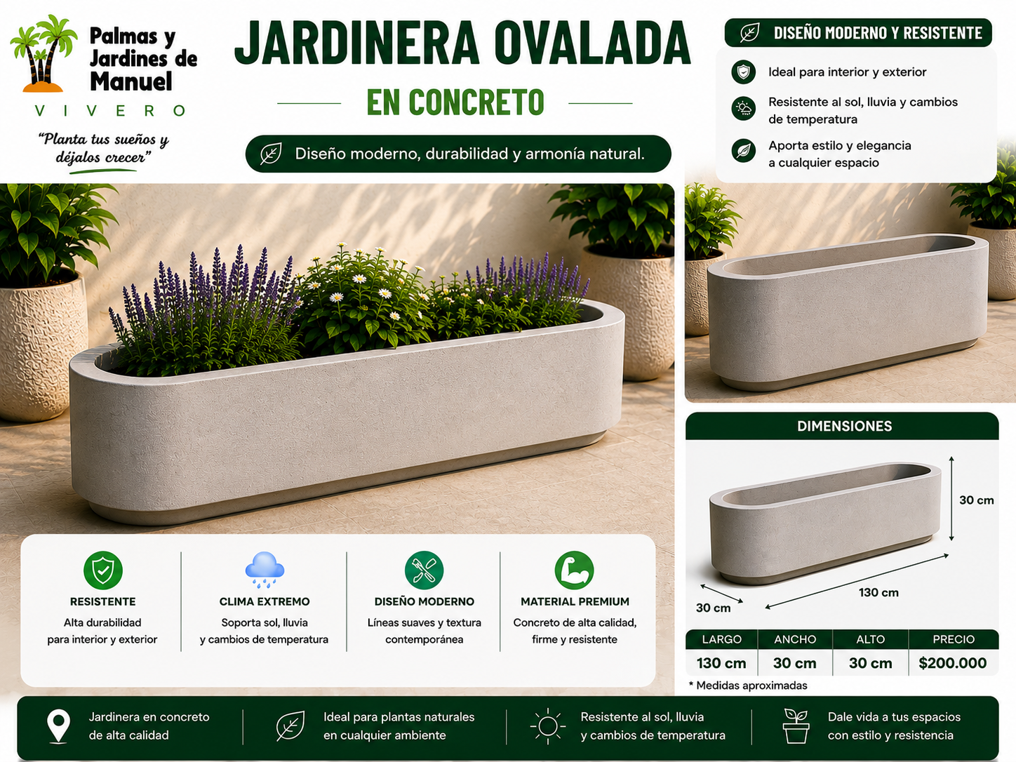 Jardinera Ovalada en Concreto 130x30x30 cm