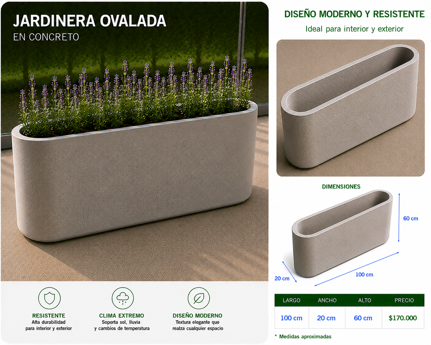 Jardinera Ovalada en Concreto 100x20x60 cm