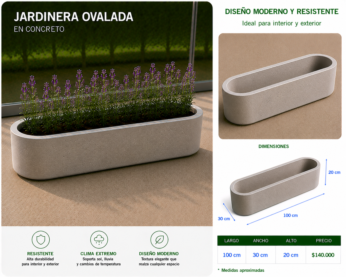 Jardinera Ovalada en Concreto 100x30x20 cm