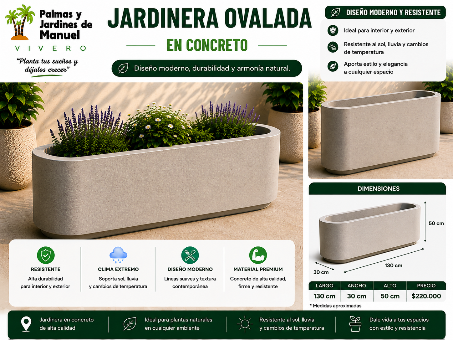 Jardinera Ovalada en Concreto 130x30x50 cm