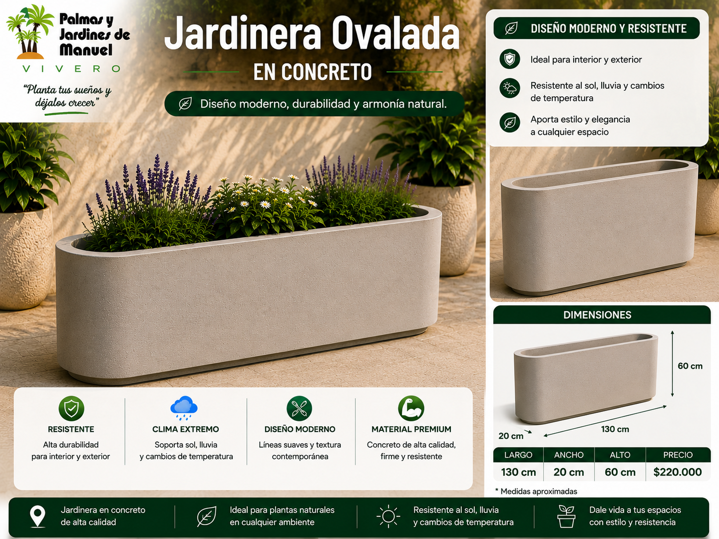 Jardinera Ovalada en Concreto 130x30x60 cm