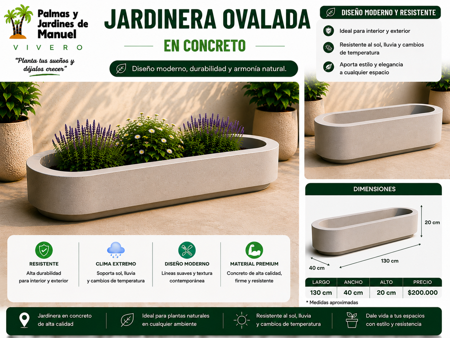 Jardinera Ovalada en Concreto 130x40x20 cm