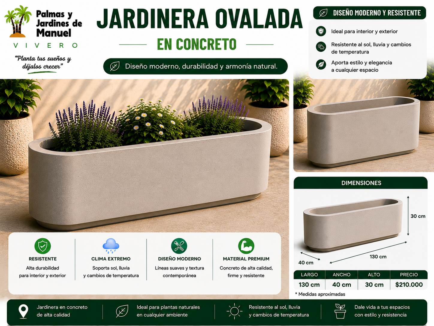 Jardinera Ovalada en Concreto 130x40x30 cm
