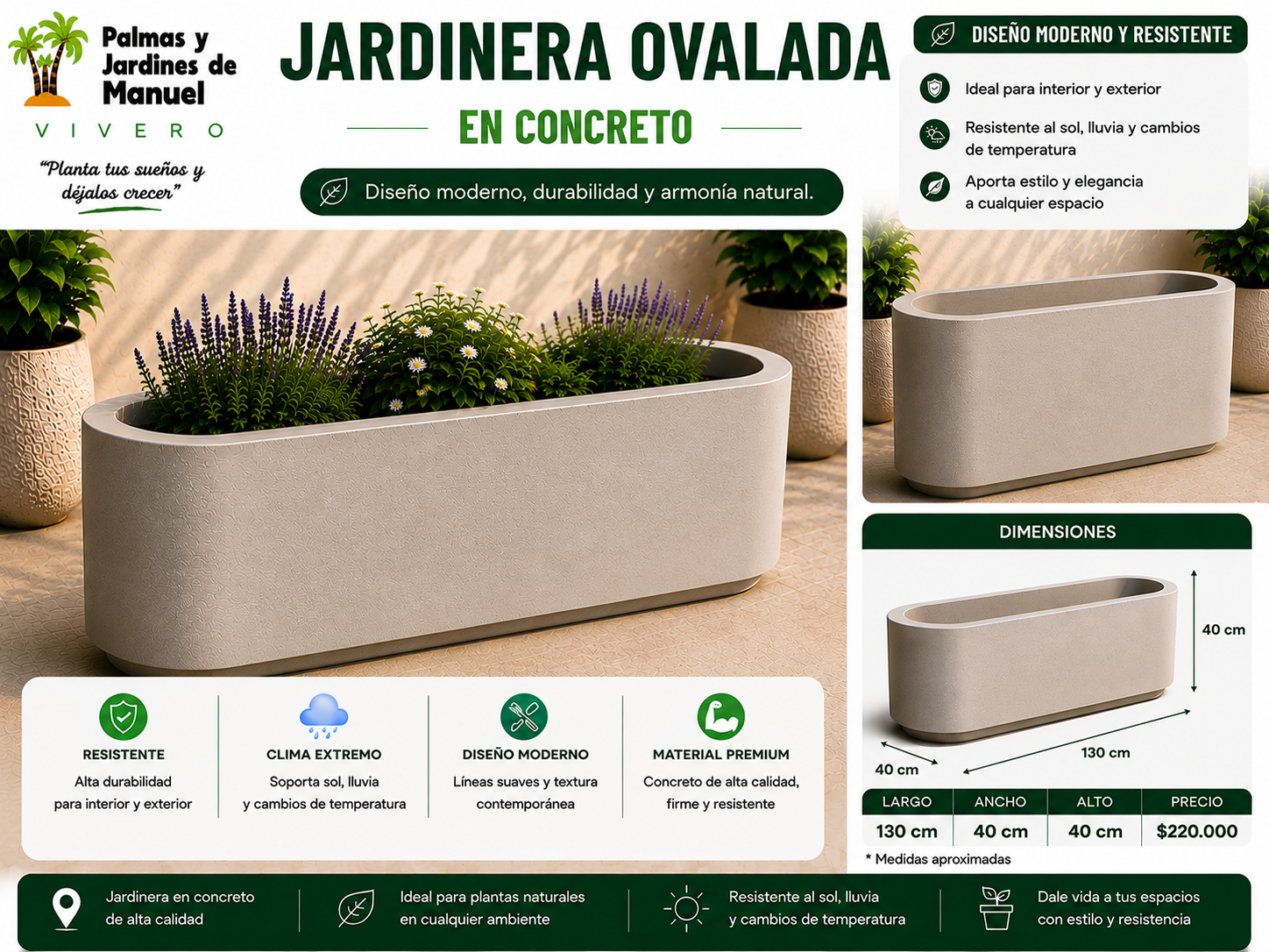 Jardinera Ovalada en Concreto 130x40x40 cm