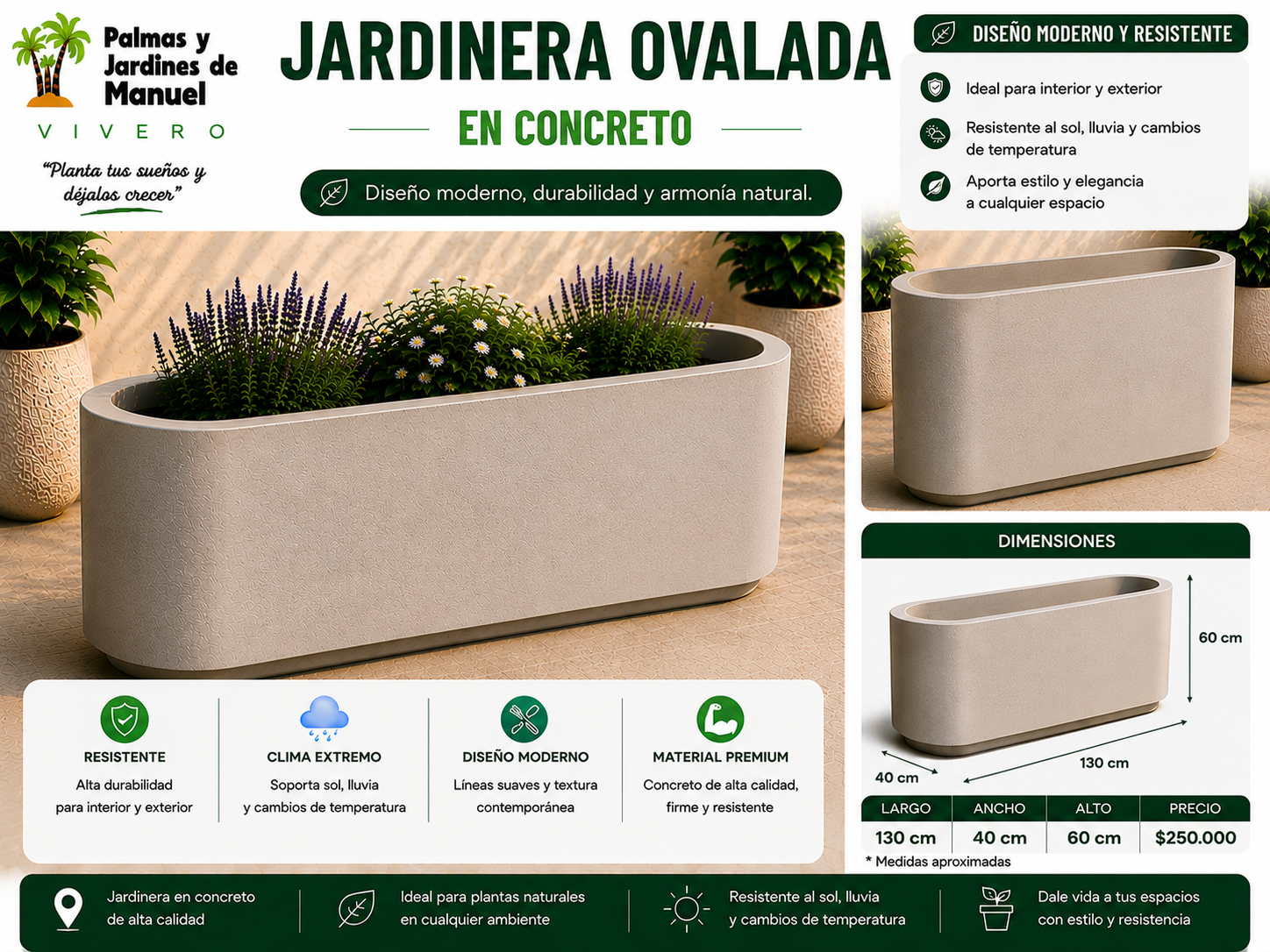 Jardinera Ovalada en Concreto 130x40x60 cm