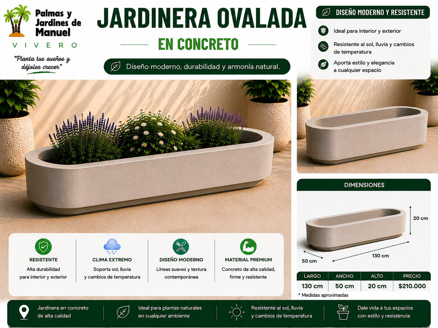 Jardinera Ovalada en Concreto 130x50x20 cm