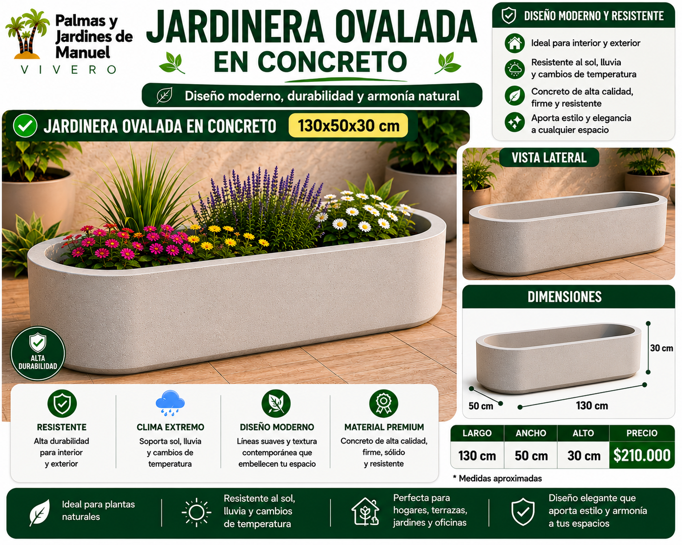 Jardinera Ovalada en Concreto 130x50x30 cm