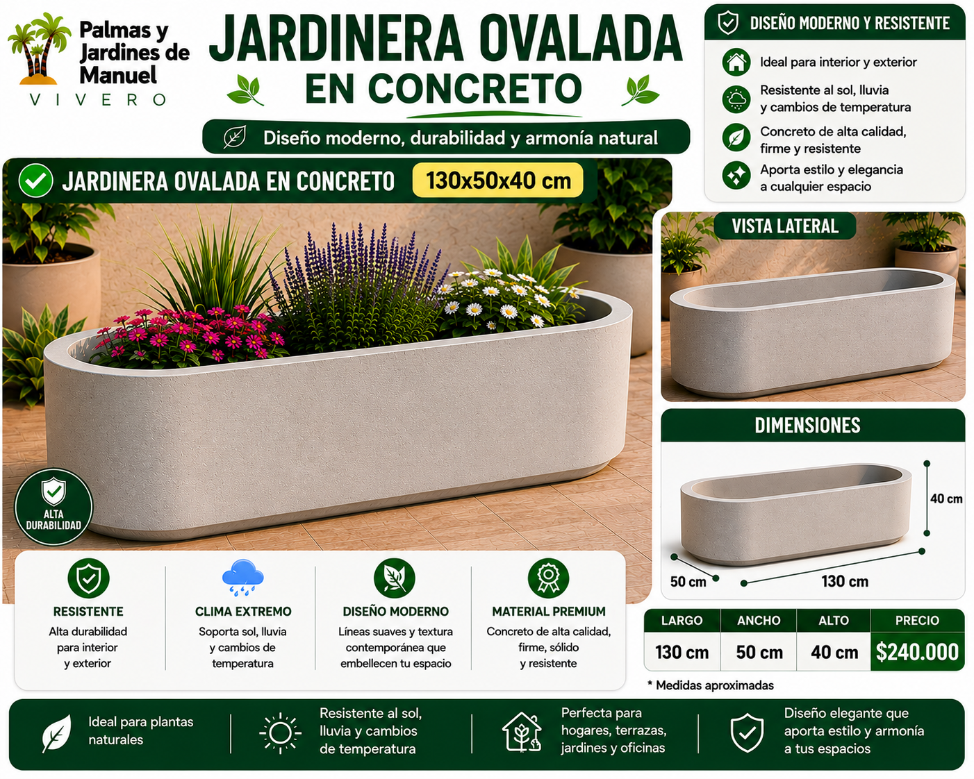 Jardinera Ovalada en Concreto 130x50x40 cm