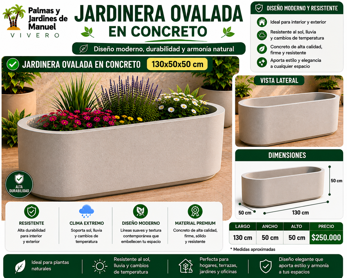 Jardinera Ovalada en Concreto 130x50x50 cm