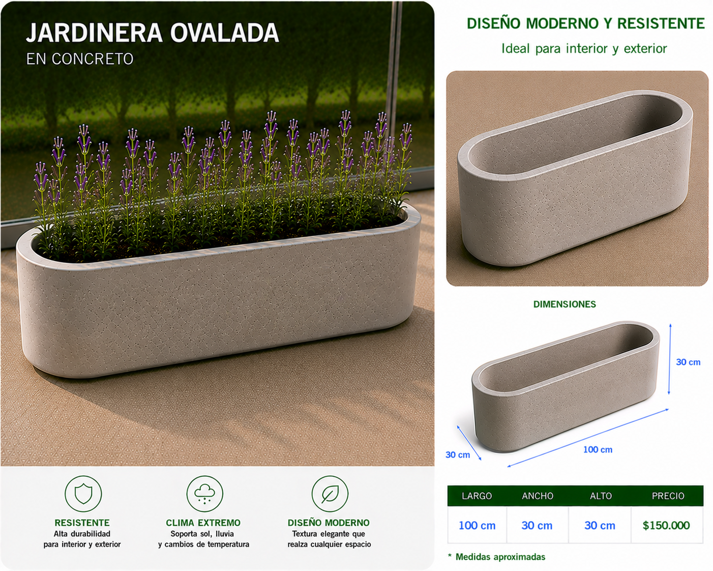 Jardinera Ovalada en Concreto 100x30x30 cm