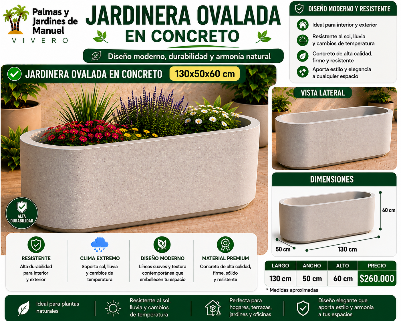Jardinera Ovalada en Concreto 130x50x60 cm