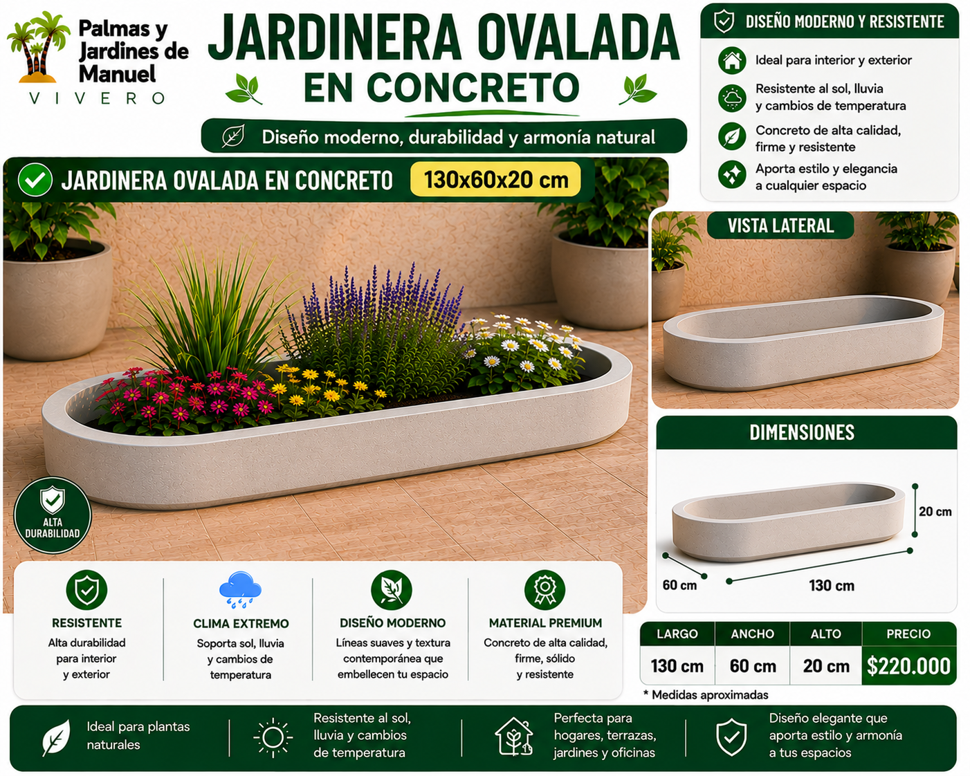 Jardinera Ovalada en Concreto 130x60x20 cm