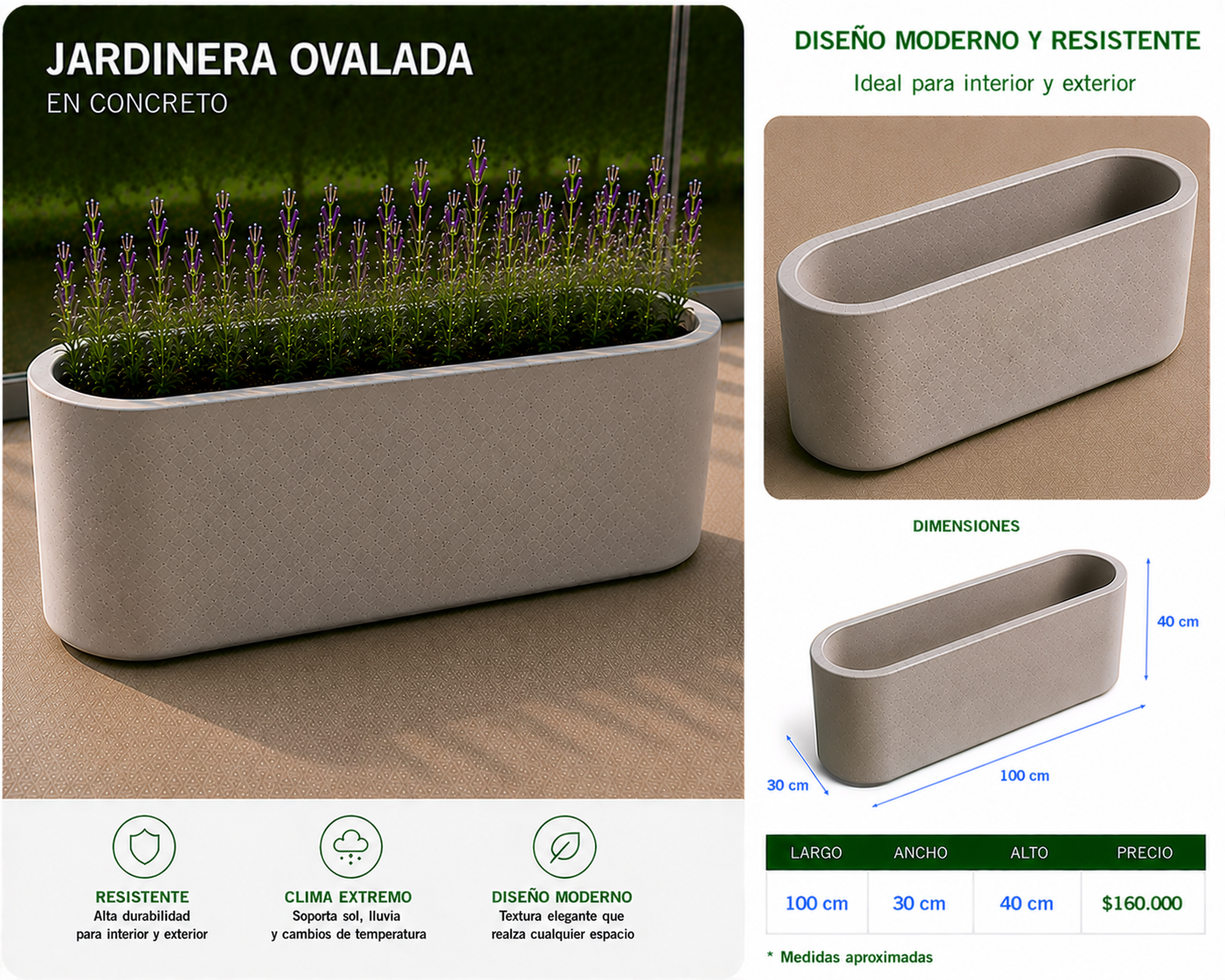 Jardinera Ovalada en Concreto 100x30x40 cm