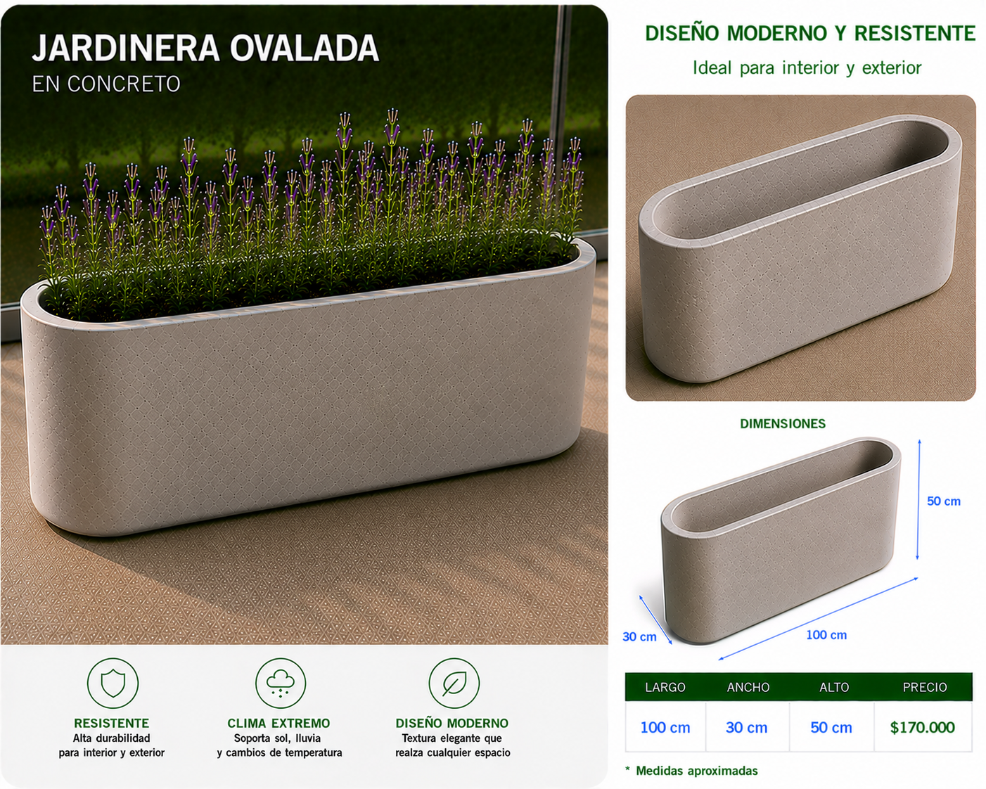 Jardinera Ovalada en Concreto 100x30x50 cm