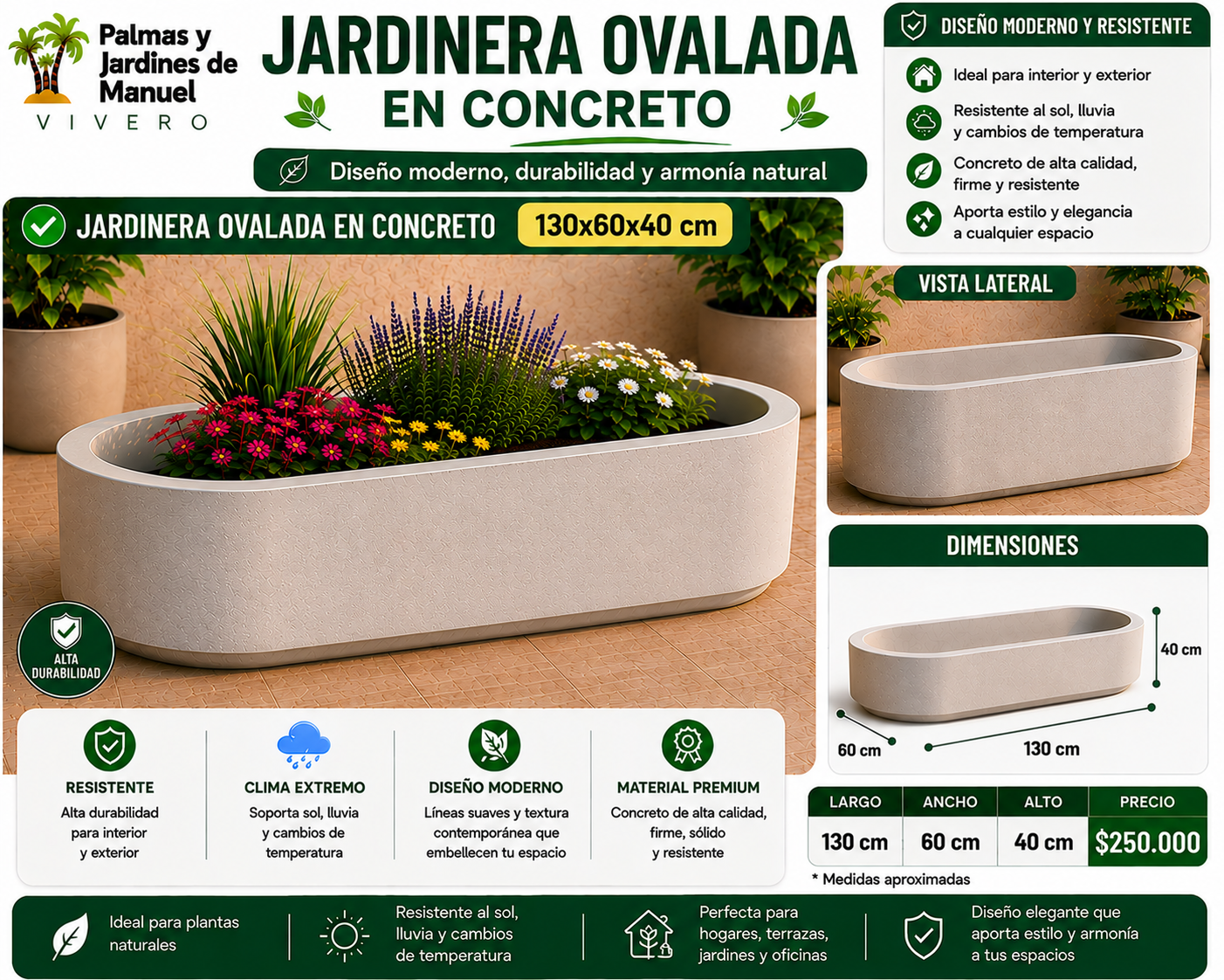 Jardinera Ovalada en Concreto 130x60x40 cm