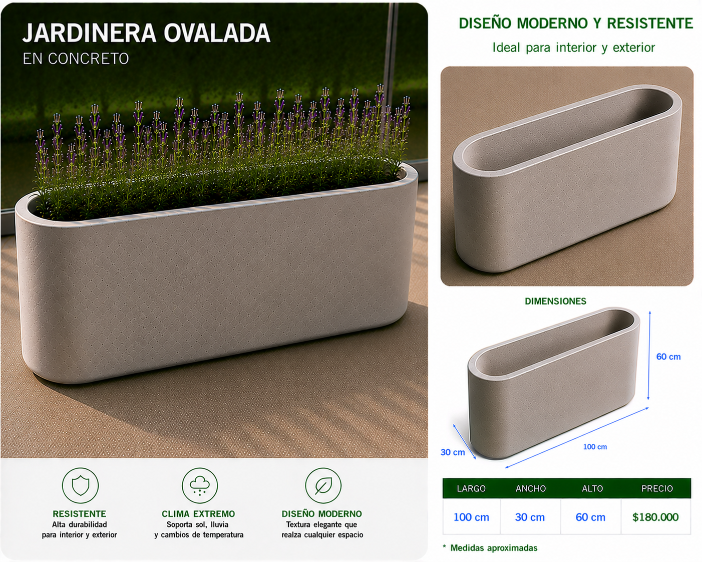 Jardinera Ovalada en Concreto 100x30x60 cm