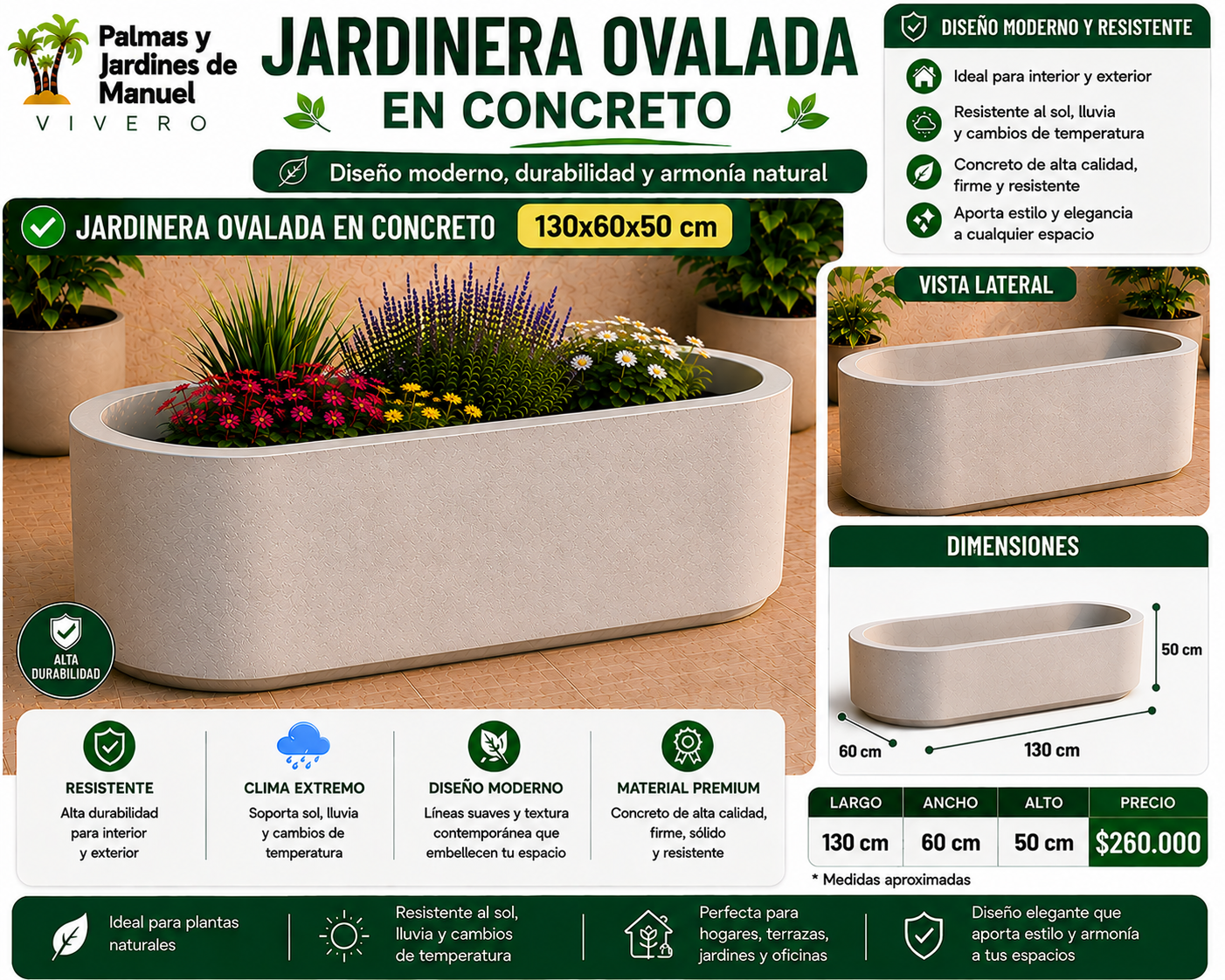Jardinera Ovalada en Concreto 130x60x50 cm