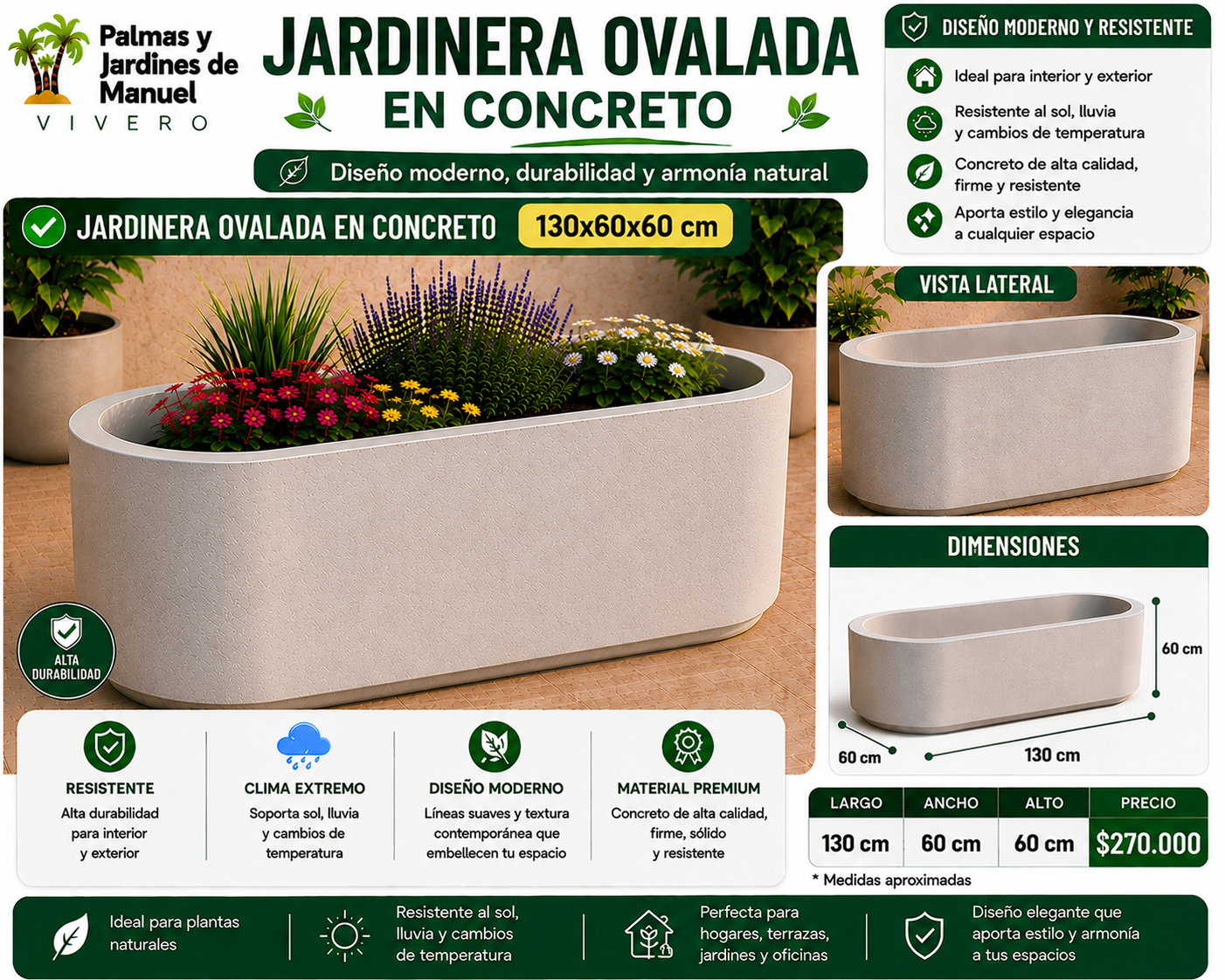 Jardinera Ovalada en Concreto 130x60x60 cm