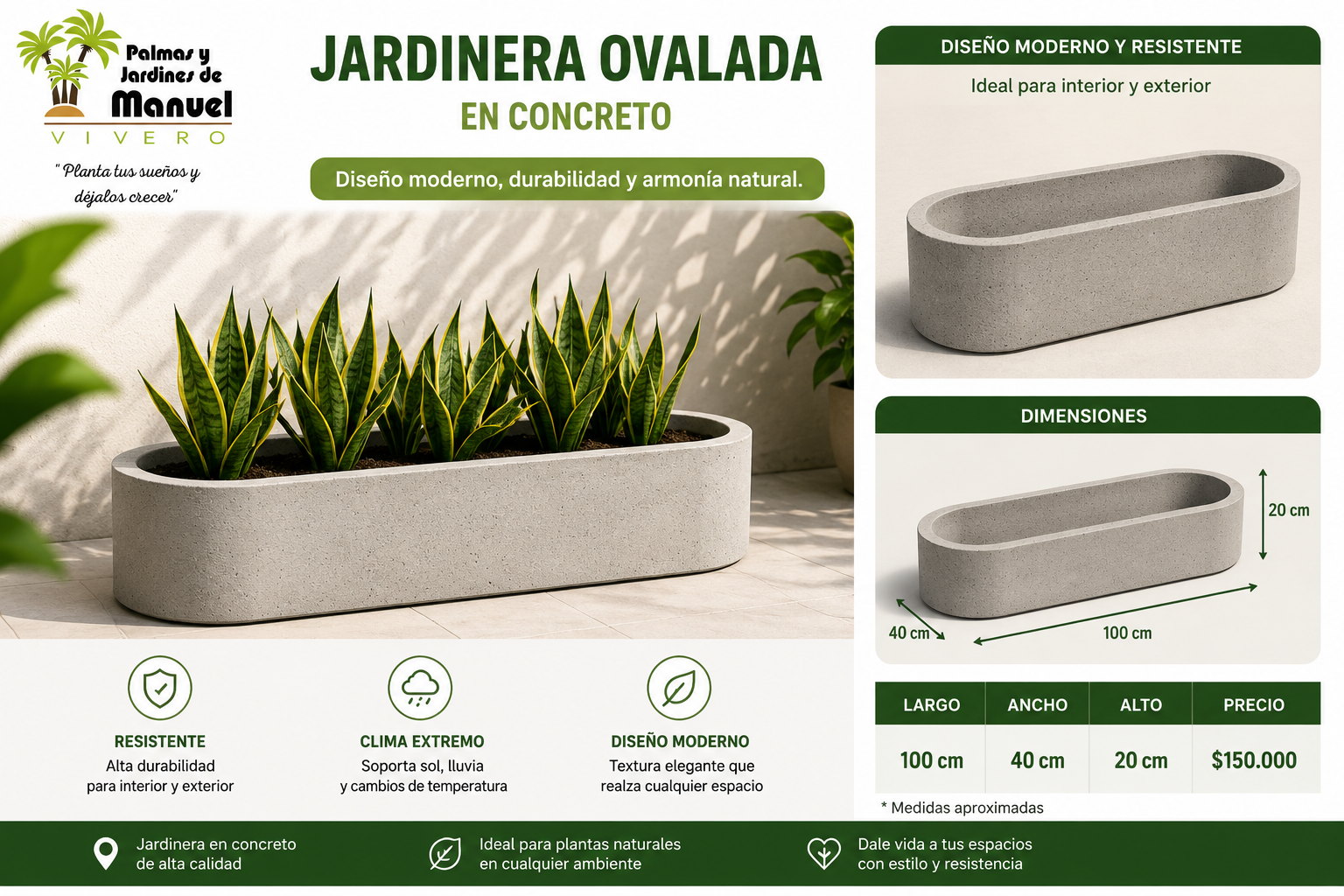 Jardinera Ovalada en Concreto 100x40x20 cm