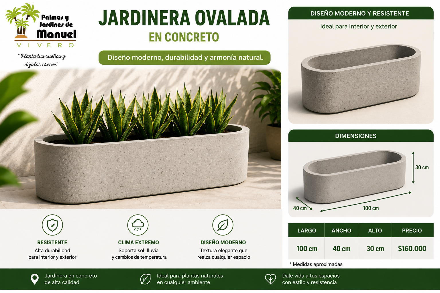 Jardinera Ovalada en Concreto 100x40x30 cm