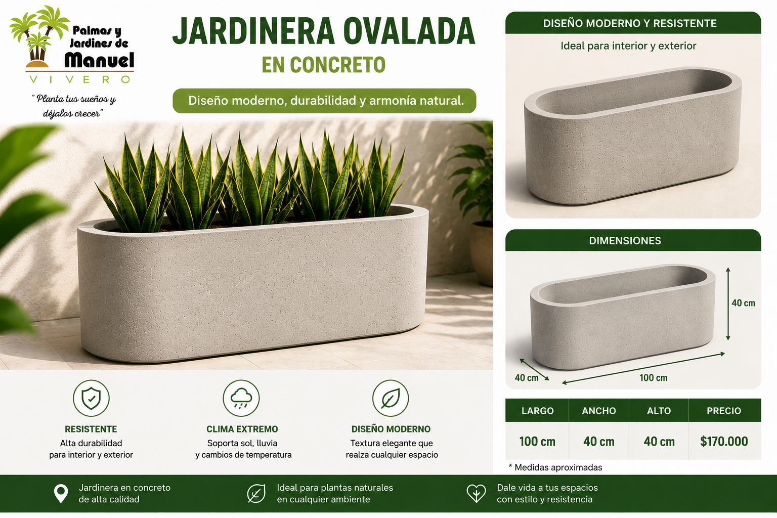 Jardinera Ovalada en Concreto 100x40x40 cm