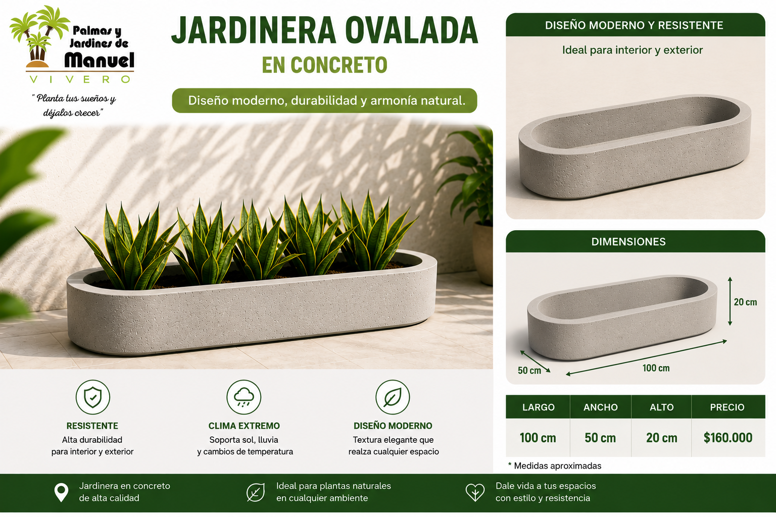 Jardinera Ovalada en Concreto 100x50x20 cm