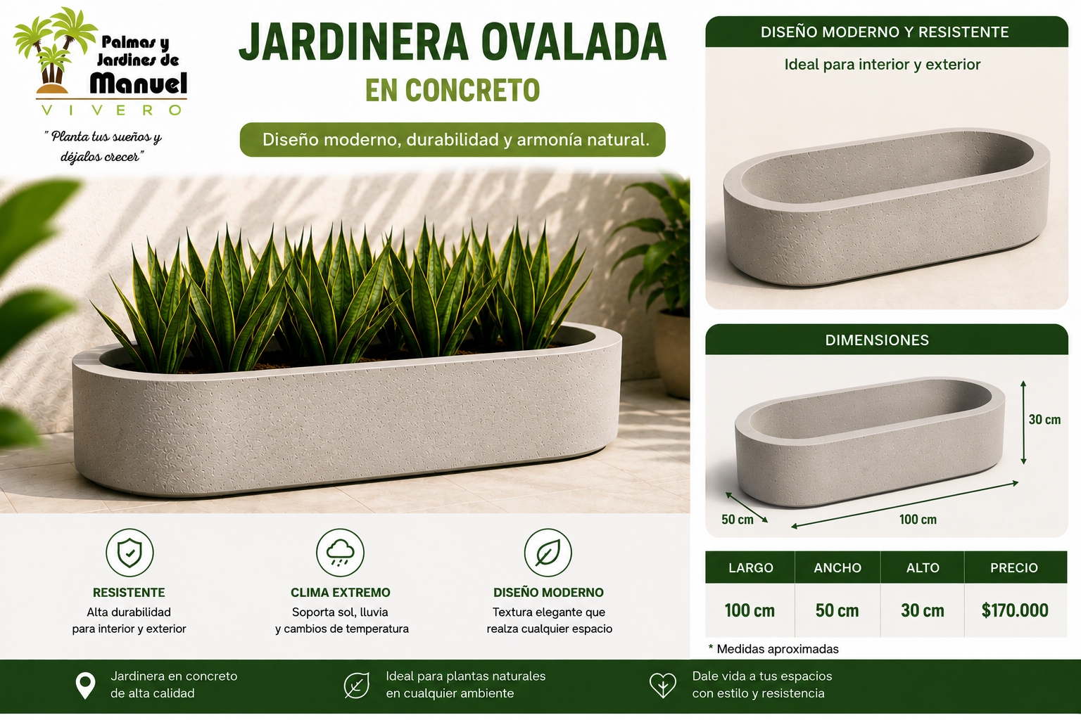 Jardinera Ovalada en Concreto 100x50x30 cm