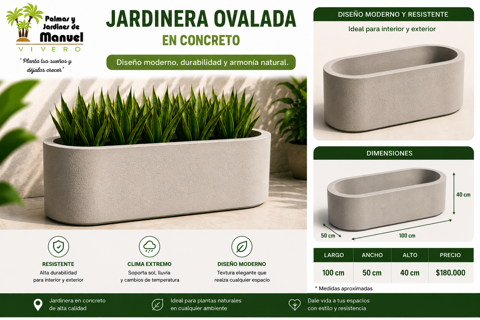 Jardinera Ovalada en Concreto 100x50x40 cm