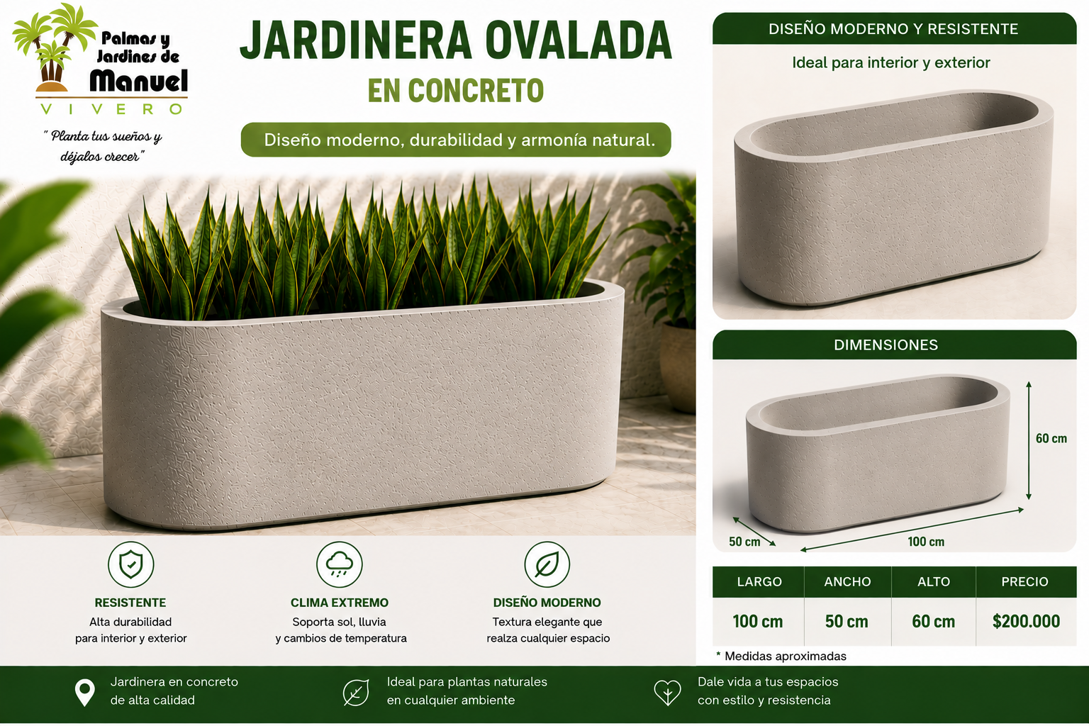 Jardinera Ovalada en Concreto 100x50x60 cm
