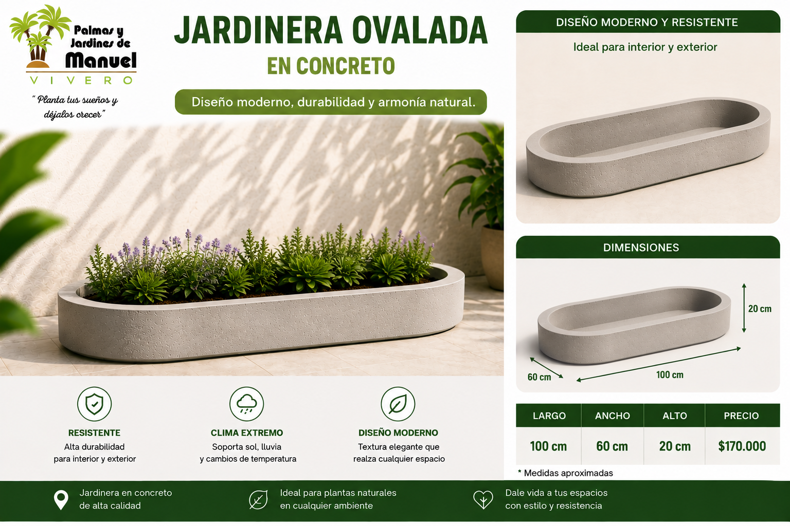 Jardinera Ovalada en Concreto 100x60x20 cm