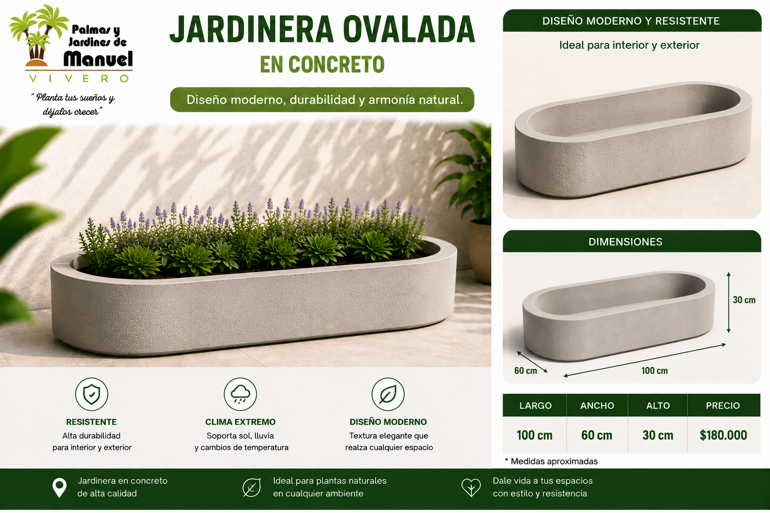 Jardinera Ovalada en Concreto 100x60x30 cm