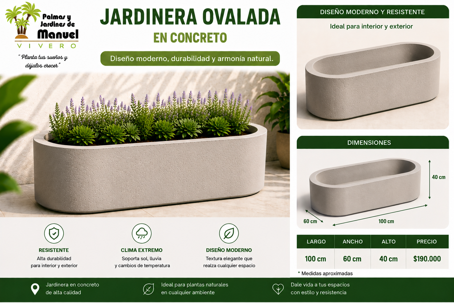Jardinera Ovalada en Concreto 100x60x40 cm