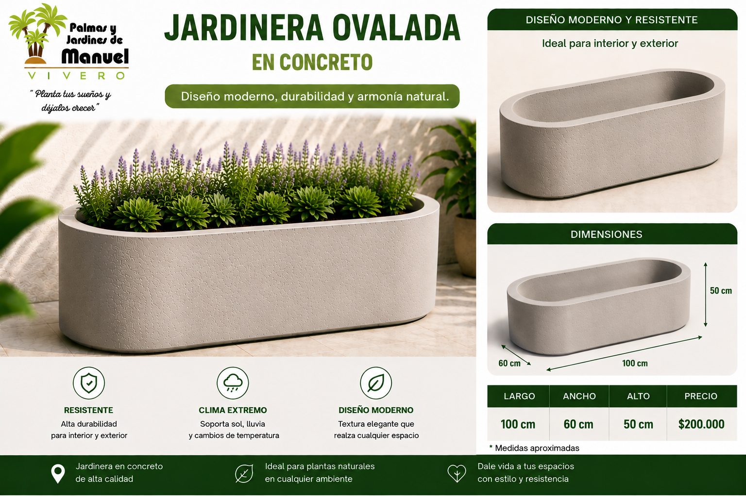 Jardinera Ovalada en Concreto 100x60x50 cm