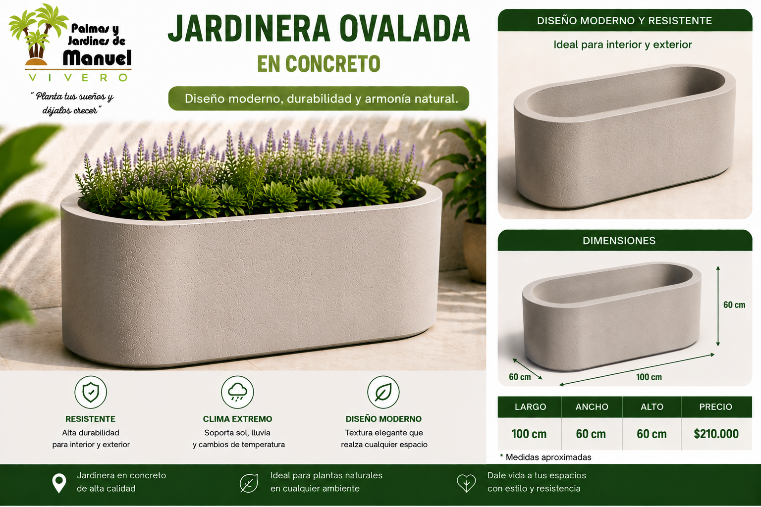 Jardinera Ovalada en Concreto 100x60x60 cm