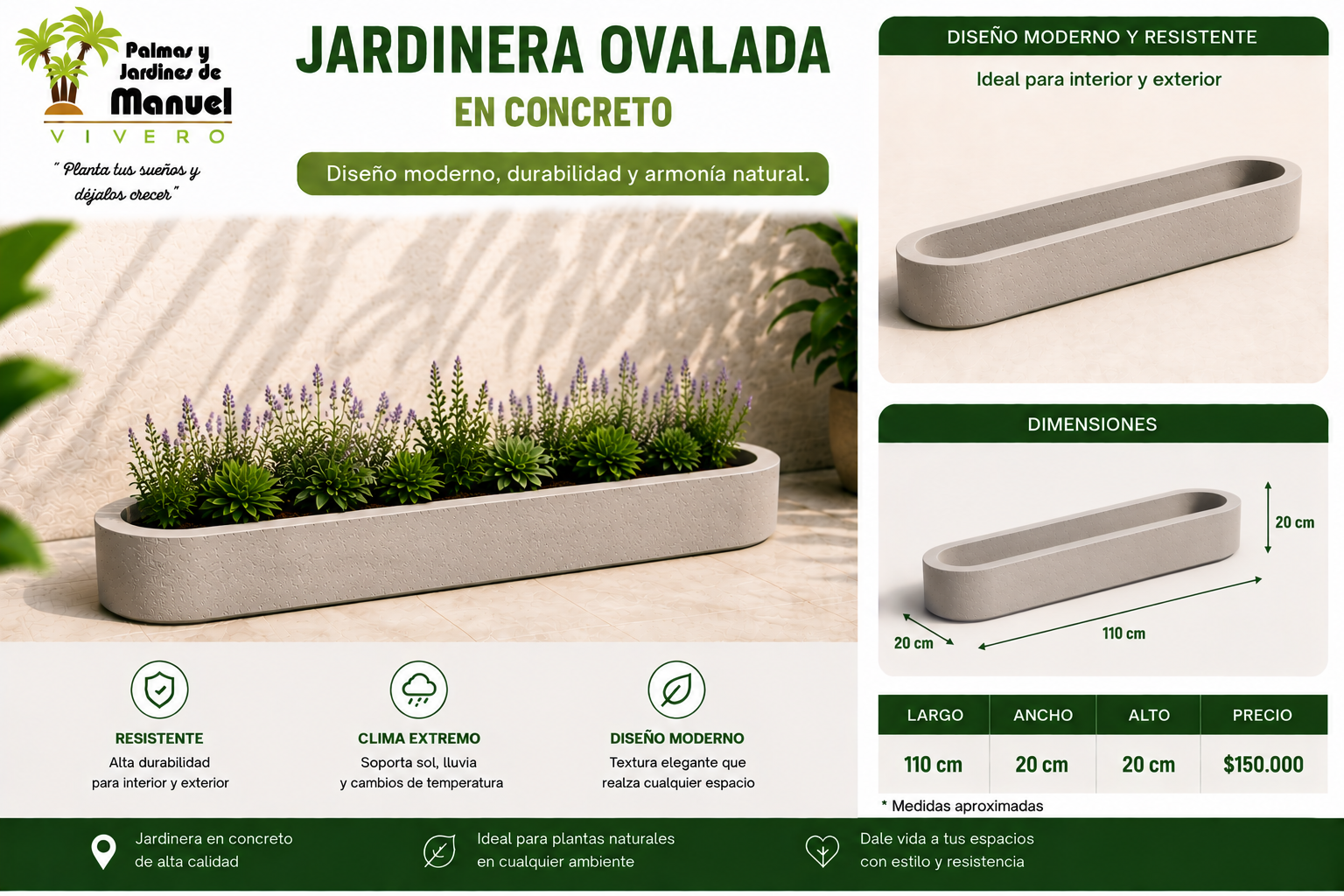 Jardinera Ovalada en Concreto 110x20x20 cm