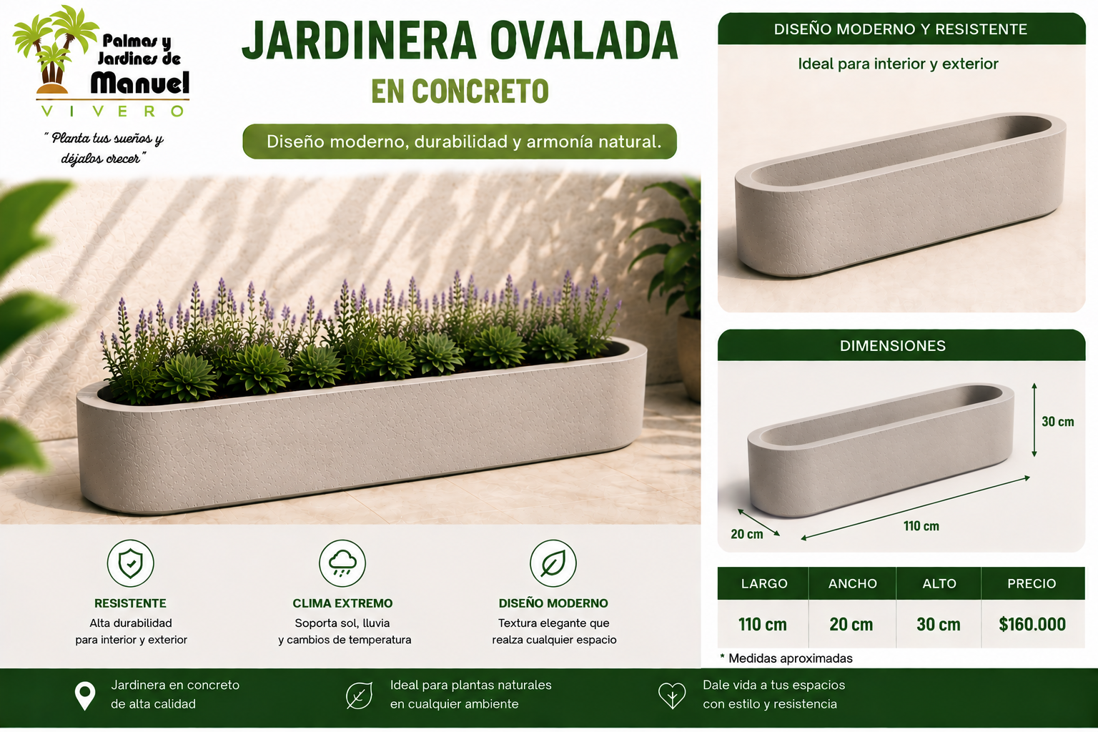Jardinera Ovalada en Concreto 110x20x30 cm