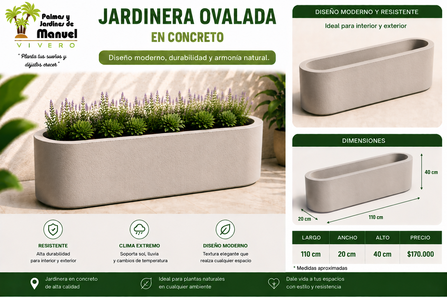 Jardinera Ovalada en Concreto 110x20x40 cm