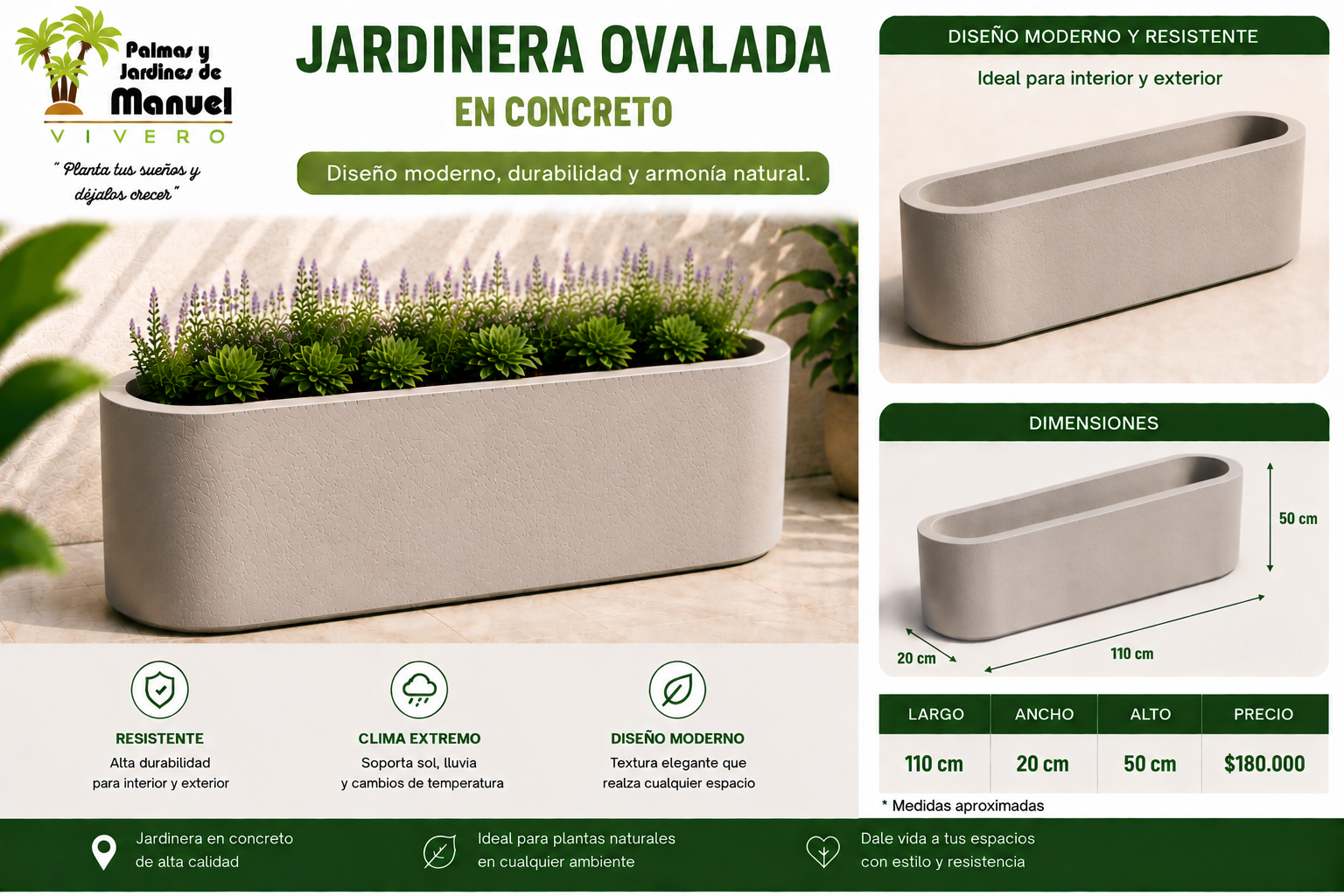 Jardinera Ovalada en Concreto 110x20x50 cm